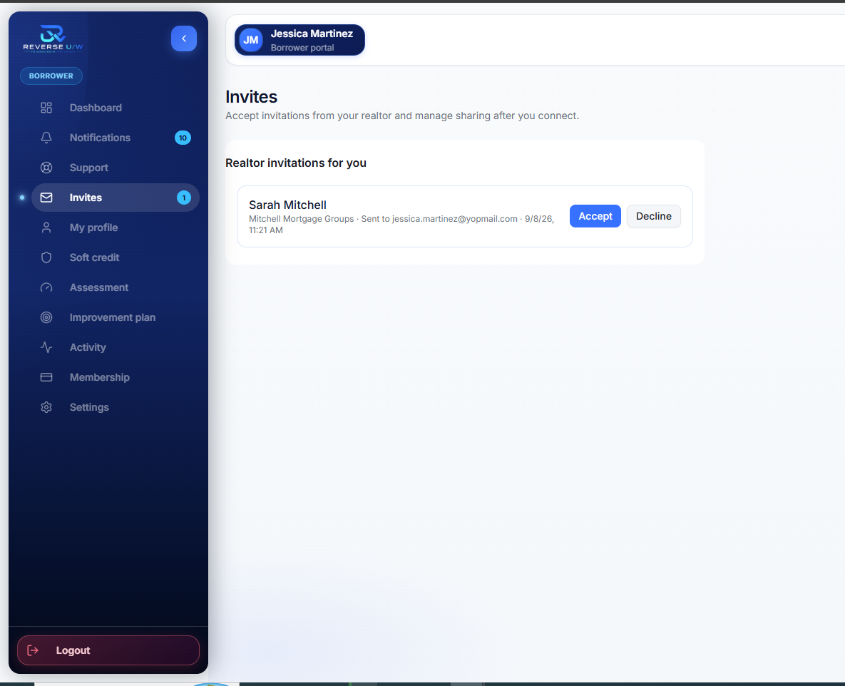 Invites — accept or decline realtor invitations and manage sharing.