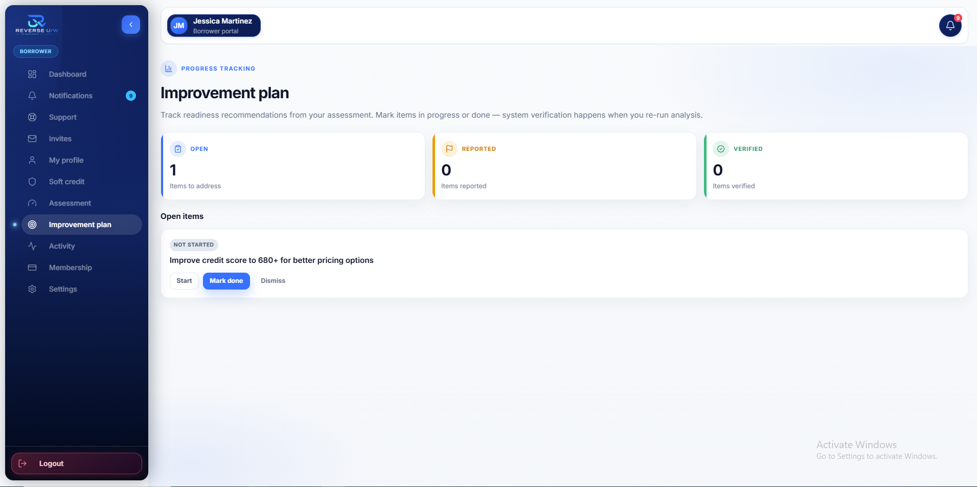 Improvement plan — open items from your assessment with progress controls.