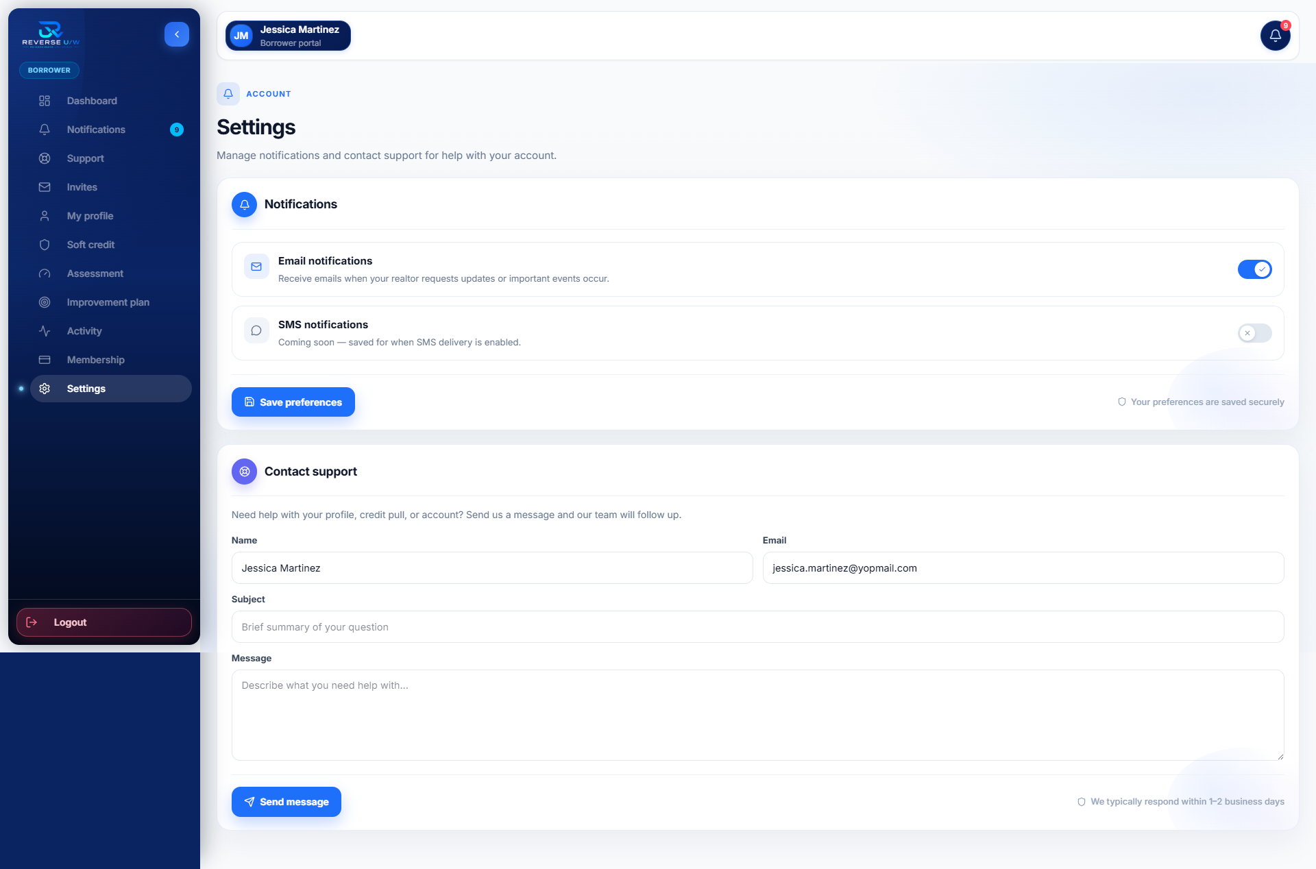 Settings — notification preferences and contact support.