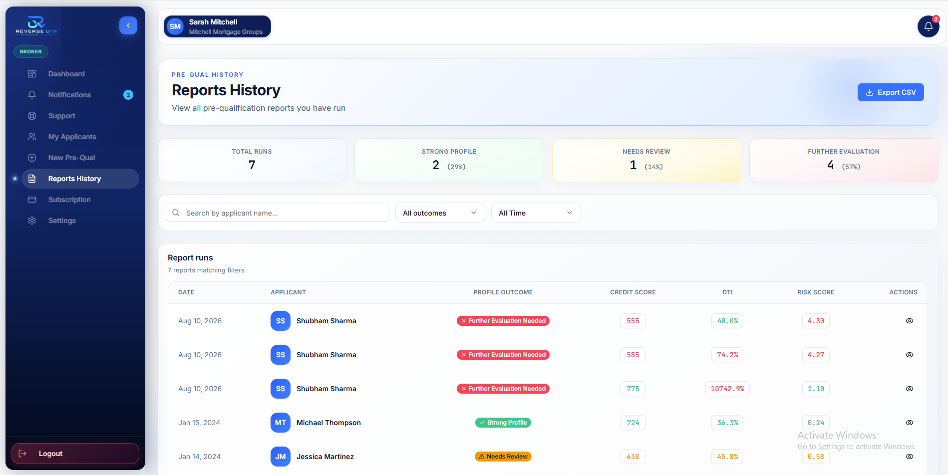 Reports History — pre-qual runs, outcome pills, and Export CSV.