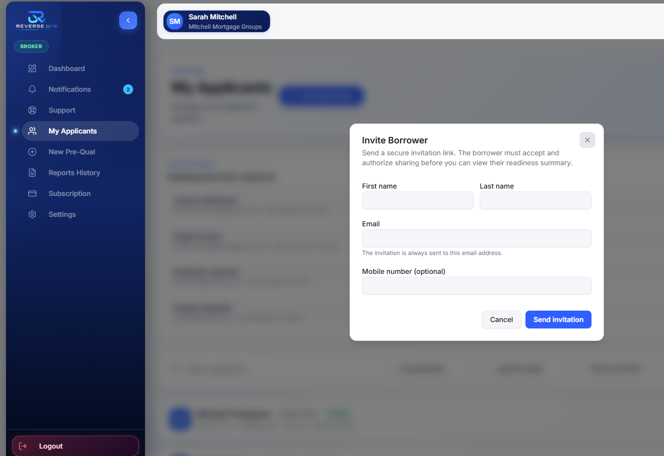 My Applicants — Invite Borrower modal with secure invitation fields.