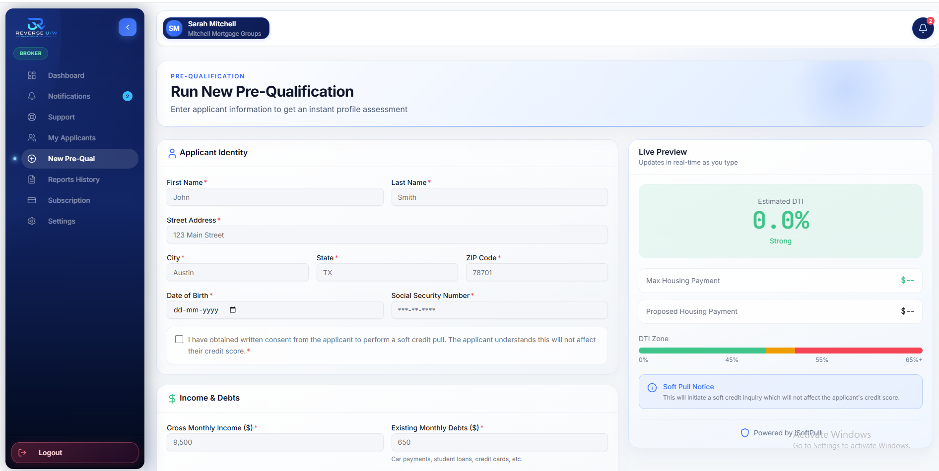 New Pre-Qual — applicant form with live DTI and housing preview.